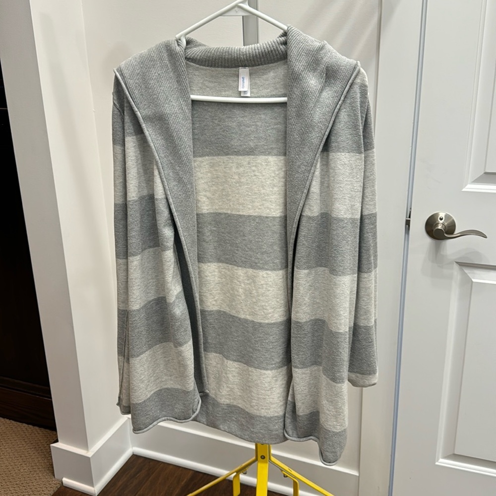 GAP Hooded Open Cardigan - Gray and Cream Stripes
